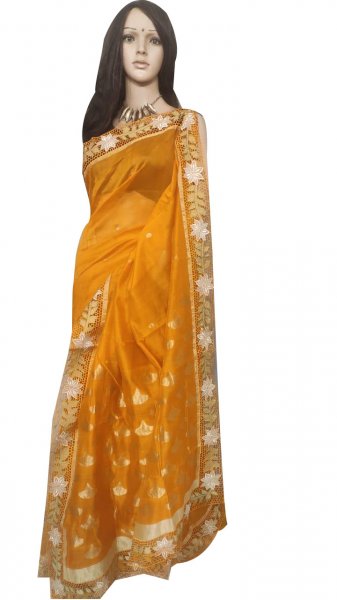 Orange pure silk cut work saree with blouse piece